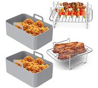 8Pcs Air Fryer Accessories Set with 2 Air Fryer Silicone Pot and Air Fryer Rack with 4 Skewer 1 Steamed Rack Reusable Air Fryer Liner with Handle Stainless Steel Air Fryer Rack (Grey)