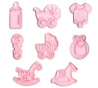 8Pcs Baby Shower Cookie Cutters Set - 3D Plastic Moulds in Stroller, Bottle, Cradle, Rocking Horse, Rattle, Onesie & Bib Shapes - Biscuit Cutters & Stamps for Baby Shower Baking Decor