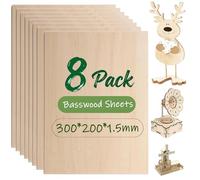8Pcs Basswood Sheets for Crafts Unfinished Balsa Wood Sheets with Smooth Surfaces, Plywood Sheets Perfect for Laser Cutting,Wood Burning, Architectural Models, Staining, Drawin (300 * 200 * 1.5mm)