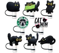 8Pcs Black Cat Straw Cover Toppers, 10mm Reusable Straw Cover Caps, Drinking Dust Proof Straw Tips Lids for Stanley Tumbles Cups Accessories (Cat)