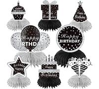 8Pcs Black White Silver Birthday Decorations Honeycomb Centerpieces for Women Men, Black Silver Happy Birthday Table Topper Party Supplies, 16th 21st 30th 40th 50th 60th Bday Table Centerpieces Decor