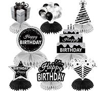 8PCS Black White Silver Birthday Decorations Honeycomb Centerpieces for Women Men, Black White Happy Birthday Table Centerpieces Party Supplies, 16th 21st 30th 40th 50th Birthday Table Topper Decor
