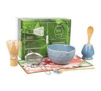 8Pcs Blue Matcha Set-Ceramic Matcha Bowl, Matcha Whisk with Sakura Charm Complete Japanese Matcha Kit with Whisk, Scoop, Sifter & Cloth