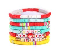 8Pcs Bohemian Love Heart Flower Evil Eye Charm Bracelet Handmade Colorful Beaded Polymer Clay Stackable Stretch Bracelet for Women Men Couple Summer Beach Holiday Jewelry Sister Lover Lucky Gift, M