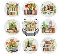 8Pcs Book Diamond Art Coasters Kit for Adults with Holder & Cork Backing