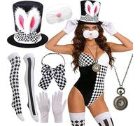 8Pcs Bunny Costume Set, White Rabbit Costume Accessories, Bunny Ears Hat Nose Bowtie Cosplay Adult Halloween Easter Hat Fancy Dress Up for Women Bunny Outfit for Easter Bonnet for Carnival Party