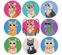 8Pcs Cat Diamond Art Coasters Kit for Adults with Holder & Cork Backing | 5D DIY Diamond Painting Coasters, Sparkly Gem Art for Boho Home Decor, Non-Slip Drink Coasters, Mandala Lover Gift
