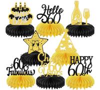 8Pcs Cheers to 60 Years Honeycomb Centerpiece Happy 60th Anniversary Table Decoration Happy 60th Birthday Table Decoration 60 & Fabulous 60th Birthday Centerpiece for Table Balck Gold Silver Glitter