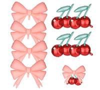 8pcs Cherry Bow Balloons Set, 4 Red Cherries & 4 Pink Bows Foil Balloons for She's The Cherry On Top Theme Party Decorations Birthday Baby Shower Wedding Supplies
