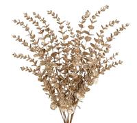 8PCS Christmas Eucalyptus Leaves Glitter Eucalyptus Stems, 65CM Champagne Gold Artificial Christmas Tree Decorations, Fake Foliages Xmas Ornaments for Wedding, Party, Flower Arrangement, Wreath Decor