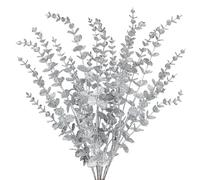 8PCS Christmas Eucalyptus Leaves Glitter Eucalyptus Stems, 65CM Silver Artificial Christmas Tree Decorations, Fake Foliages Xmas Ornaments for Wedding, Party, Flower Arrangement, Wreath, Garland Decor