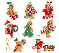 8PCS Christmas Gingerbread Ornaments, Ginger Man Clay Figurine with Strings Hanging Ornaments for Xmas TreeHoliday Party Festive Season Birthday Gift