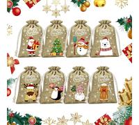 8PCS Christmas Jute Burlap Gift Bags,Christmas Linen Bags,with Drawstring,Treat Candy Bag with Double Drawstrings,for Xmas Party Favors