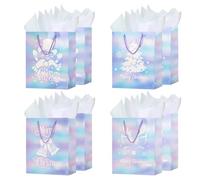 8Pcs Christmas Paper Gift Bags with Tissue Paper,12.6'' Large Sliver XMAS Gift Bags with handles, 4 Assorted Xmas Tree Snowflake Deer Designs for Christmas New Year Party Favor(Sliver)