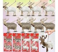 8PCs Christmas Shaggy Reindeer 10cm - Brown and White Reindeer Hanging Ornaments, Forest Deer Elks for Christmas Holiday Mantel and Tabletop Decorations