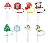 8pcs Christmas Silicone Straw Covers, Xmas Straw Toppers Colorful Straw Tip Covers Christmas Tree Santa Claus Snowflake Cartoon Snowman Straw Caps Reusable Christmas Straws Accessories