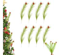 8pcs Christmas Tree Toppers, 17 Inch/41cm Furry Green Pampas Grass Decor with Red Glitter Foam Ball Curly Tree Sticks Elf Ornaments Stems for Christmas Home Craft Decoration Supplies