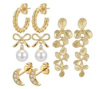 8PCS Clip On Earrings Women, Clip-on Earrings, Golden Floral and Bow Designs, Non-Pierced Ear Accessories for Daily Wear and Special Occasions, Lightweight Clip Earrings with Fl