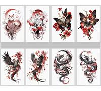 8PCS Colorful Tattoo Stickers Butterfly Plum Blossom Dragon And Phoenix
