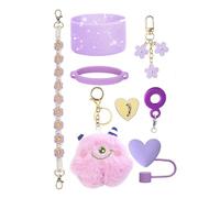 8pcs Cup Accessories for Stanley, Cartoon Elf Pendant Peach Blossom Knot Weaving Handheld Rope Valentine's Day Love Straw Hat for Stanley Cup 40oz and 30oz Tumbler With Handle (Purple)