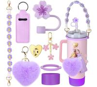 8PCS Cup Accessories for Stanley Cup 40oz & 30oz Tumbler with Handle,Siliocne Straw Topper Cover Cap,Water Bottle Handle Strap,Heart Hook,Lipstick Bag, Keychain Charms for Stanley Cup (Purple)