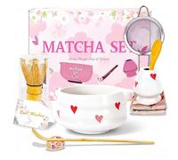 8pcs Cute Matcha Set with Heart Design,Ceramic Bowl with Spout and Bamboo Whisk Set,Tea Starter Making Kit,Unique Matcha Gift Set for Woman (Heart Shape White)