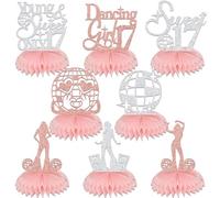8Pcs Dancing Queen 17 Table Decoration Young & Sweet Only 17 Honeycomb Centerpiece Girls 17th Birthday Party Decoration Rose Gold Silver Glitter