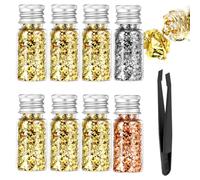 8Pcs Decorative Gold Leaf, Multifunction Gold Flakes Cake Decoration Baking Foil Decor with Plastic Tweezers for Cooking Dessert Steak Decoration Crafts Makeup (Gold, Sliver, Rose Gold)