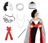 8pcs Deville Costume Accessories Set, Cruel Fancy Dress Kit WBD Costume with Long Cape Wig Gloves Pearl Necklace Bracelet Handheld Props Mask Hairnet for World Book Day Carnival 70s Women Fancy Dress