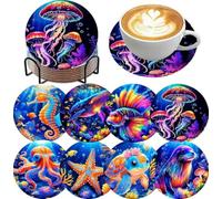 8PCS Diamond Art Coasters with Holder, DIY Ocean Animals Diamond Painting Coasters Kits for Adults, Non Slip Marine Animals Mosaic Dot Painting Coaster Gift Set for Beginners 4x4 Inch