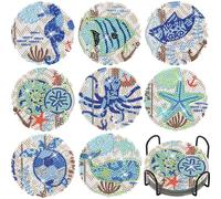 8Pcs Diamond Art Painting Coasters Kit For Adults-Summer Beach Drinks Coffee Cup Coasters With Holder,5D Gem Dots Painting Craft Set With Cork Backing,Creative Activity Home Decor (Marine Anima)