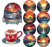 8Pcs Diamond Painting Coasters Kits with Holder, DIY Landscape Diamond Art Coasters Kits for Beginners, Adults & Kids, Diamond Painting Art Craft Supplies Home Decor