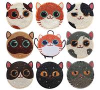 8pcs Diamond Painting Coasters with Holder, Diamond Art Crafts Cup Coasters Kits for Kids and Adults, DIY Mandala Coasters (Cat)