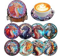 8Pcs Diamond Painting Coasters with Holder,DIY Dragon Life Coaster Diamond Art Kits for Adults Kids,Beginners Round Full Drill Diamonds Art Craft Supplies