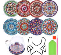 8Pcs Diamond Paintings Coasters Kits Versatile Diamond Art Coasters Kits with Holder Mandala Round 5D Full Drill DIY Art Cup Tabletop Protection for Beginners Crafts Supplies Present