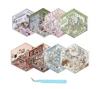 8Pcs DIY 3D House Stickers Scene, Fun 3D Sticker Set Cartoon Scene Make Your Own Cute Mini Room: Supermarket Coffee Shop Restaurant Bookstore, DIY Sticker Scenes Sticker Therapy Adults Children