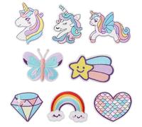 8pcs Dreamy Unicorn Iron On Patches for Girls - 8 Styles Embroidered DIY Sew Applique Repair Patch Rainbow Heart Butterfly Diamond for Kid Cloth Backpack Hat Jean Dress
