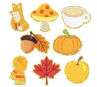 8Pcs Fall Chenille Patches Glitter Thanksgiving Pumpkin Maple Leaves Sew Iron on Repair Embroidered Applique Hello Autumn Harvest Seasonal Holiday DIY Crafts Decorative Gifts for Clothing Backpack Hat