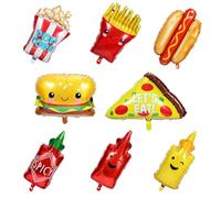 8pcs Food Themed Balloons, Aluminum Foil Food Balloons French Fries Popcorn Pizza Hamburger Balloons Hot Dog Balloons for Food Themed Parties Birthday Celebration Decoration
