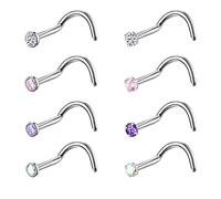 8PCS G23 Titanium Twist Screw Nose Studs 18G 20G Nose Rings 2mm 2.5mm 3mm Clear Pink Purple Aurora CZ Gold Nose Piercing Studs Nostril for Women Men, Metal Gemstone, cubic-zirconia