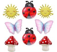 8PCS Garden Party Foil Balloon Set for Kids Birthday, Ladybug Butterfly Mushroom Sun Balloons, Spring Fairy Theme Baby Shower Decorations