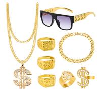 8Pcs Gold Digger Costume, Fake Chain, Gold Chain Dollar, 90s Fancy Dress Men, Hip Hop Kostüm Set, Hip Hop Costume, Hippie Glasses for Hippie Rapper Disco Outfit