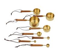 8Pcs Gold Measuring Cup and Spoon Set - Stainless Steel Measuring Cup with Wooden Handle for Kitchen Baking and Cooking (with Lanyard)