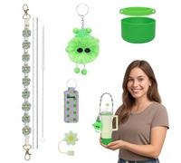 8pcs Green Cup Accessories Set for Stanley Cup, Yeti, Simple Modern, Owala & Hydro Flask - Carry Strap, Silicone Boot, Straw Cover, Charms Cleaning Brush - 20 30 40oz Tumblers - Gym & School Kit