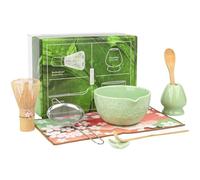 8Pcs Green Matcha Set-Ceramic Matcha Bowl, Matcha Whisk with Sakura Charm Complete Japanese Matcha Kit with Whisk, Scoop, Sifter & Cloth