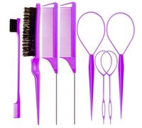 8Pcs Hair Brushes Set with 4Pcs Topsy Hair Tail Tools 1Pcs Bristle Teasing Hair Brush 1Pcs Edge Control Brush 2Pcs Metal Pin Rat Tail Combs for Woman Girl Hair Styling,Edge&Back Brushing