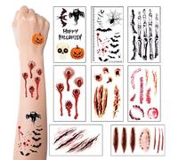8PCS Halloween Tattoos Makeup - Fake Stitch Tattoos Accessories, Waterproof Wound Scars Bat Pumpkin Skull Tattoo Stickers, Horror Scary Zombie Body Makeup