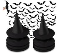 8pcs Halloween Witch Hats with 120pcs 3D Bats Stickers, Creepy Witches Hat Hanging Halloween Decorations,Magic Wizard Hats Cosplay Party Hat Costume Accessory and Bat Wall Decor