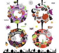 8Pcs Halloween Wreath Craft Kits for Kids, Halloween Door Decorations DIY Halloween Foam Wreath with Ghosts, Spiders, Eyeballs Pattern, Halloween Wreath Decorations for Halloween Crafts Supplies