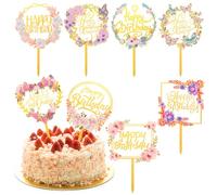 8PCS Happy Birthday Cake Topper Gold Flower Acrylic Cupcake Toppers Birthday for Various Birthday Party Wedding Anniversary Pastries Decorations Supplies